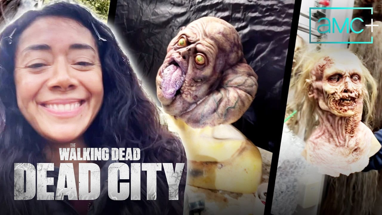 Aimee Garcia explores walker effects with crew members behind AMC’s Dead City Season 3 set