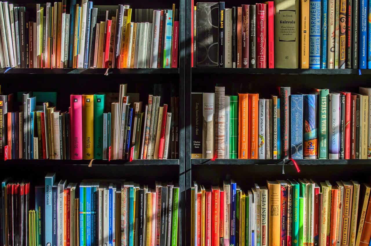 Bücherregal mit bunten Büchern bei itb Karlsruhe, Buchmesse in Deutschland.
