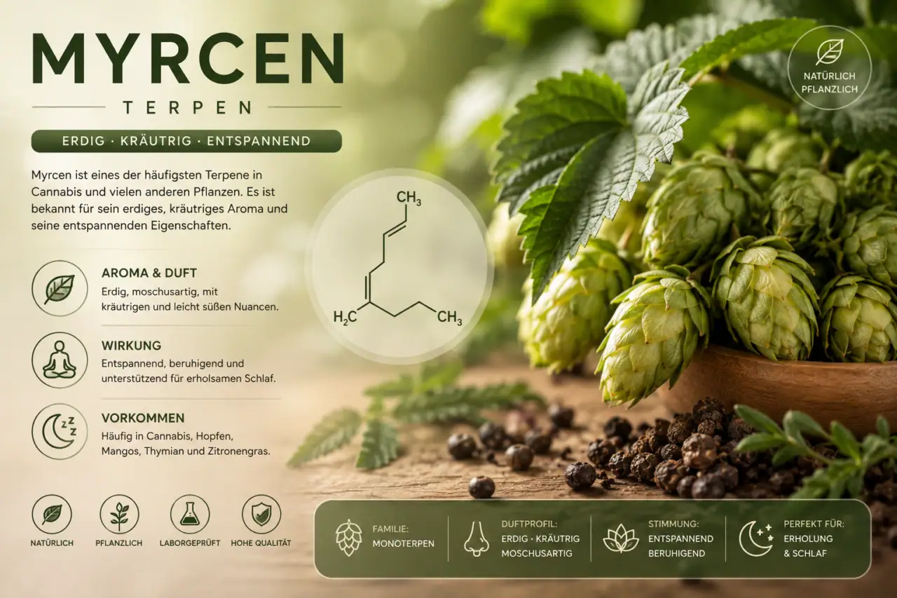 Terpene 2 Myrcen Terpene
Myrcen besitzt ein häufig erdiges, krautiges oder leicht würziges Aroma. Es kommt unter anderem in Hopfen, Mango und verschiedenen Kräutern vor.
FlowerPowerCBD