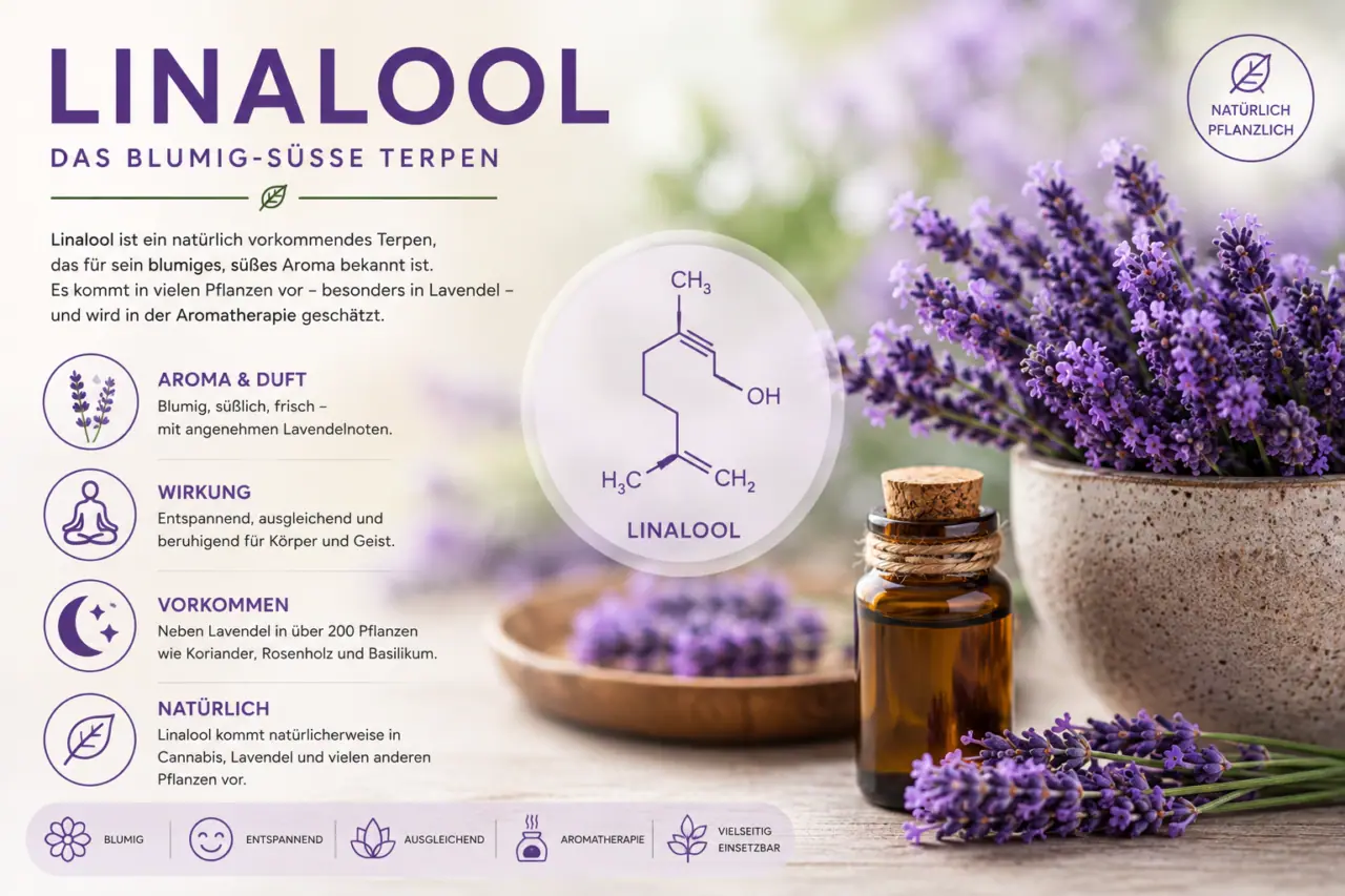 Terpene 3 Linalool Terpene
Linalool wird häufig als floral oder lavendelartig beschrieben.
FlowerPowerCBD