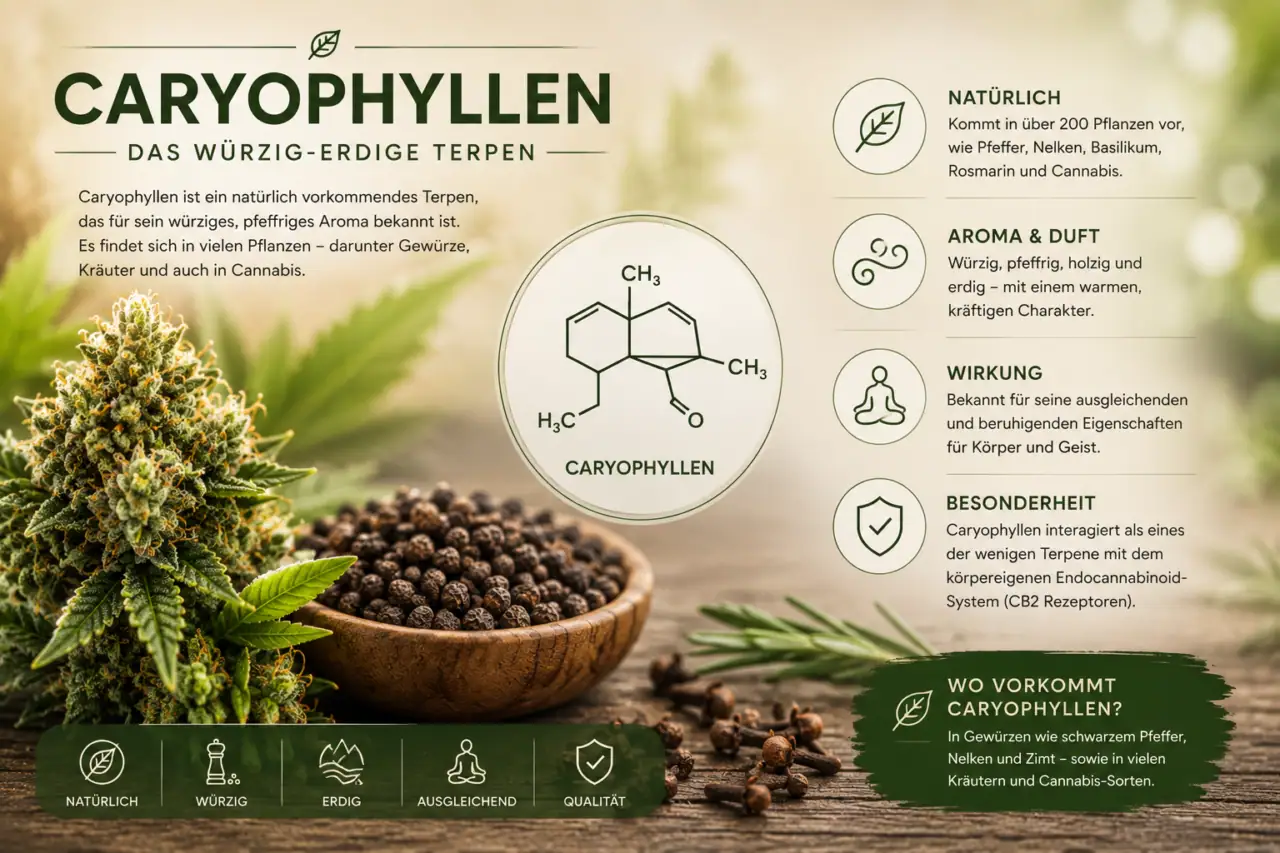 Terpene 4 Caryophyllen Terpene
Caryophyllen besitzt meist eine würzige, pfeffrige oder holzige Aromatik.
FlowerPowerCBD