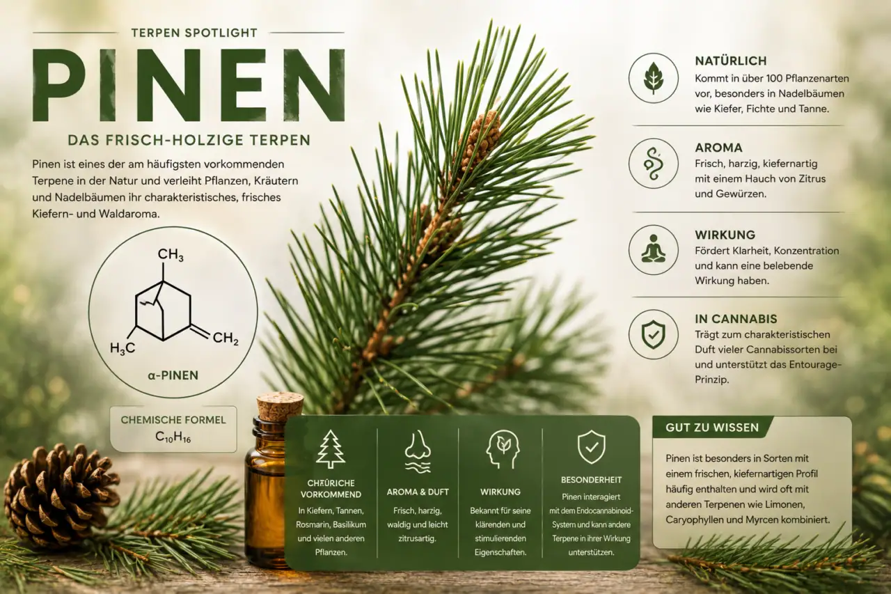Terpene 5 Pinen Terpene
Pinen besitzt ein frisches, harziges und an Nadelwald erinnerndes Aroma.
FlowerPowerCBD