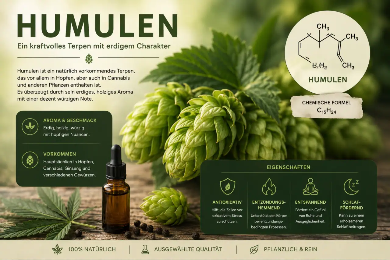 Terpene 6 Humulen Terpene
Humulen kann erdig, krautig und hopfenähnlich riechen.
FlowerPowerCBD