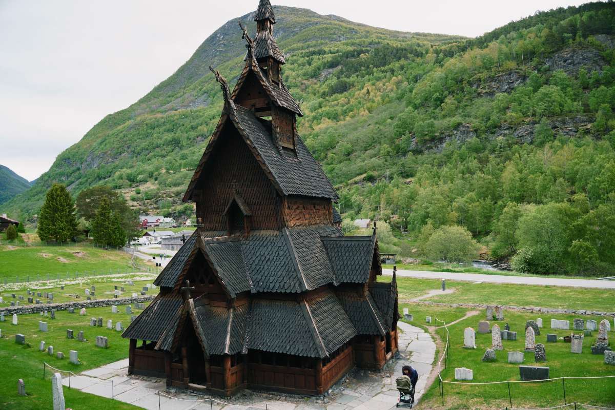 View of norway wooden church in the countryside
