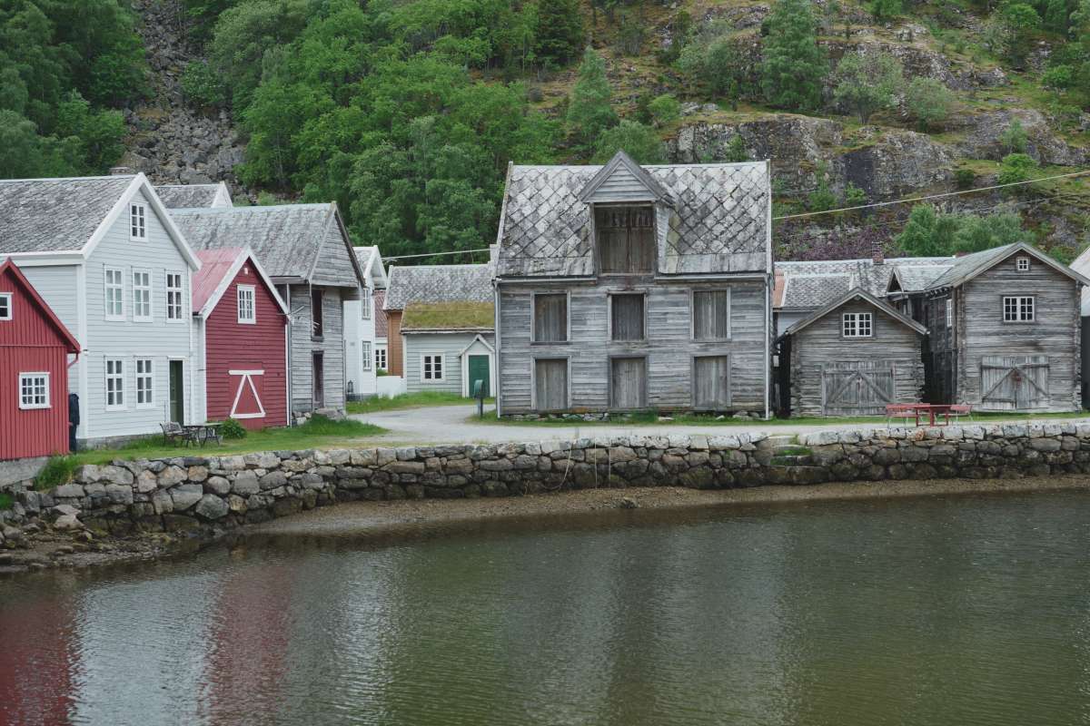View of old wooden houses in laerdal, a small fjord village in norway