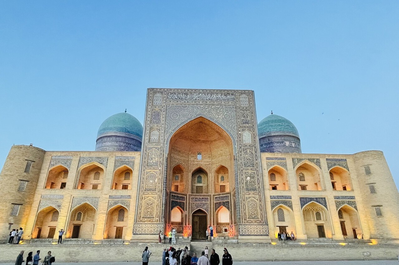 mir_i_arab_madrasah_po_i_kalyan_sunset_bukhara Ancient Mir I Arab madrasah in Bukhara lit up after sunset