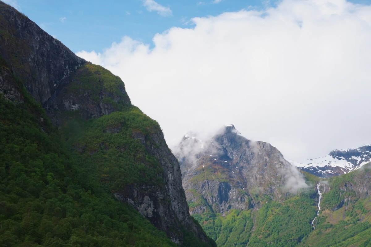 Mountain peaks in the naeroyfjord, the most beautiful fjord close to bergen, norway