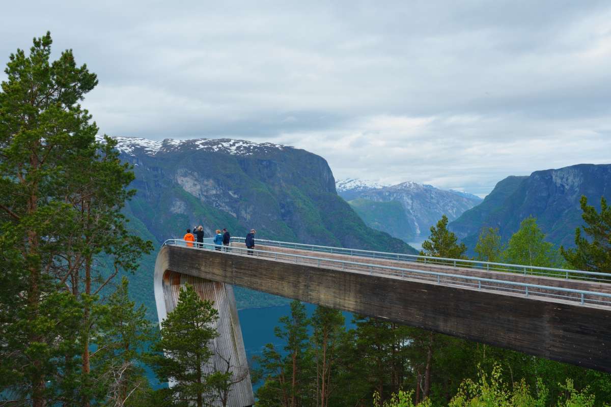 People looking at norwegian landscape from wooden platform