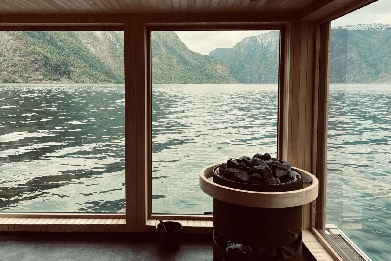floating sauna in a aurlandsfjord, one of the most famous fjords outside bergen, norway