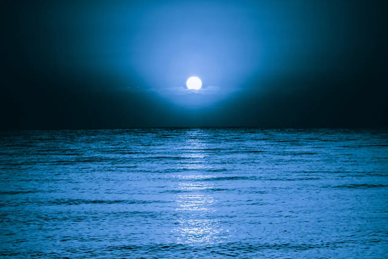 A bright moon on the horizon spreading its light on the ocean
