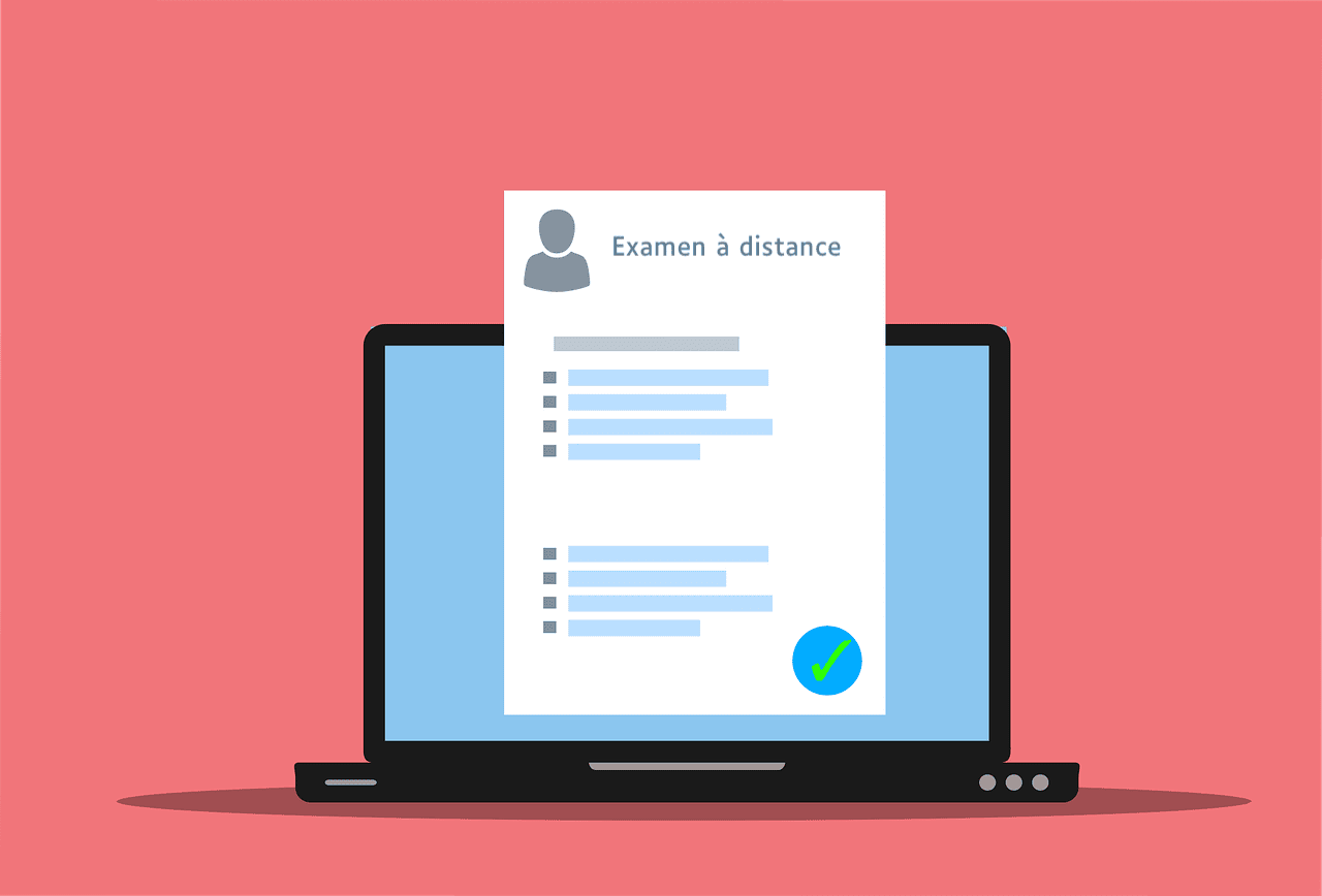 Illustration d'un laptop avec une feuille sur laquelle est écrit "examen à distance"