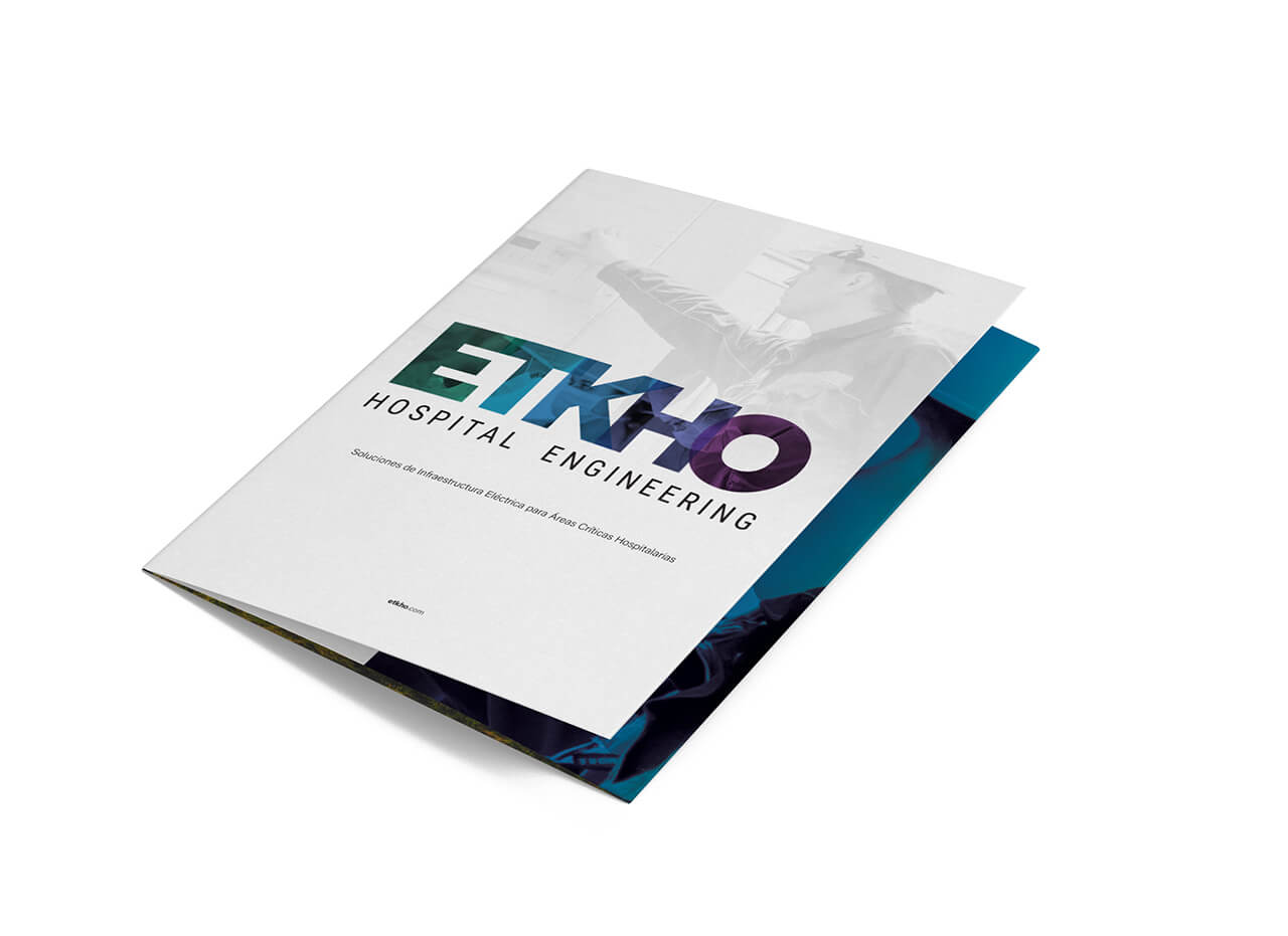 nuevo tríptico ETKHO de ingeniería hospitalaria con información sobre nuestros equipos de seguridad eléctrica y servicios para áreas críticas