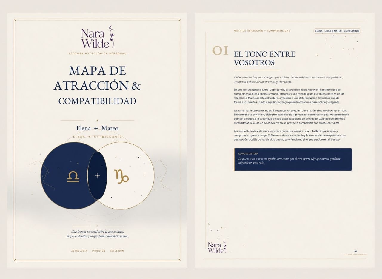 Ejemplo ficticio de portada y página interior del Mapa de Atracción y Compatibilidad para Elena y Mateo, Libra y Capricornio