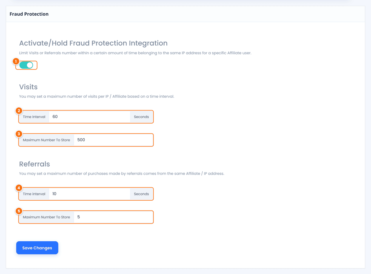 Fraud Protection settings with the Activate/Hold switch, the Visits Time Interval and Maximum Number To Store fields and the Referrals Time interval and Maximum Number To Store fields