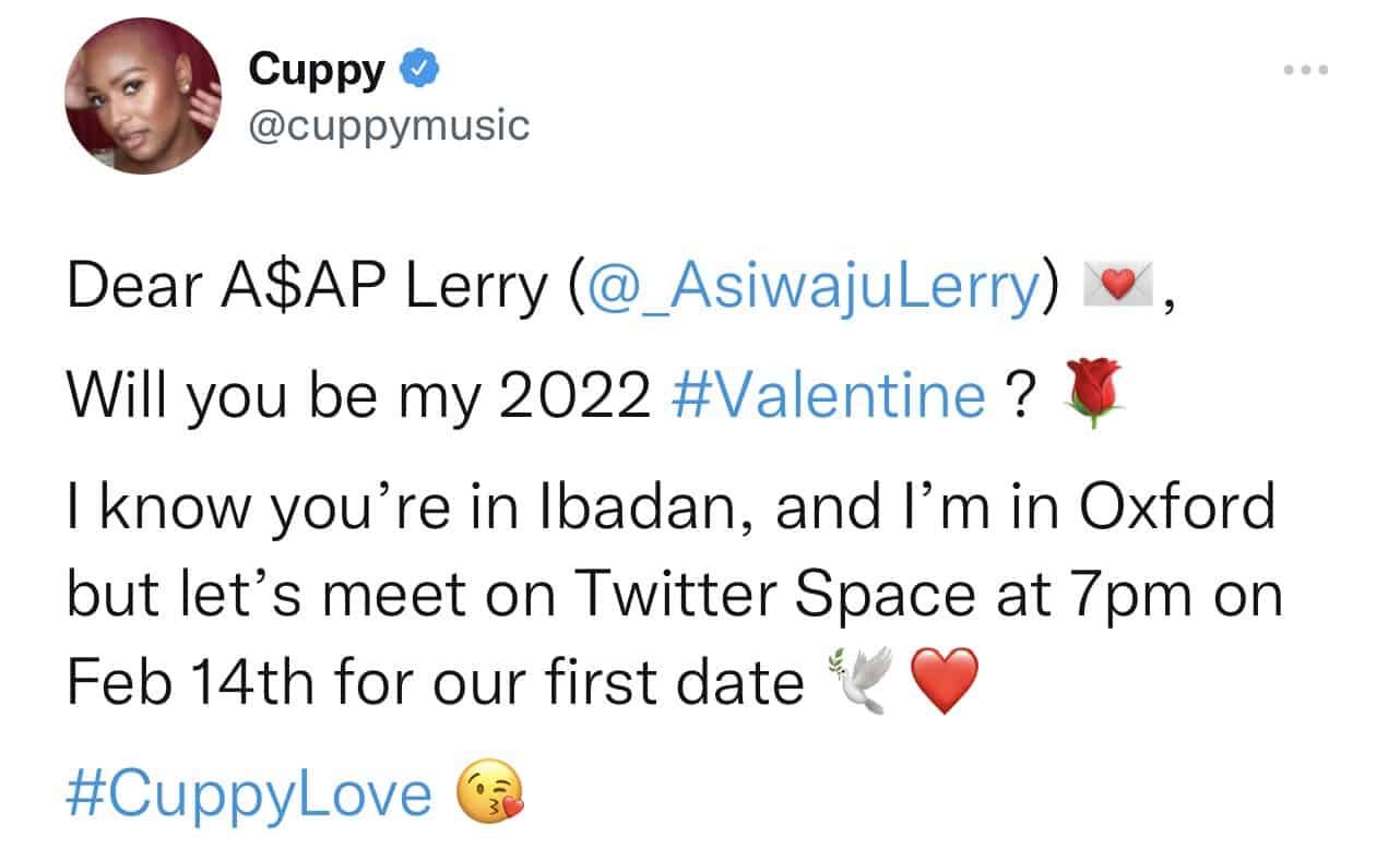 Cuppy Begs A Twitter Influencer To Be Her #2022 Valentine 1