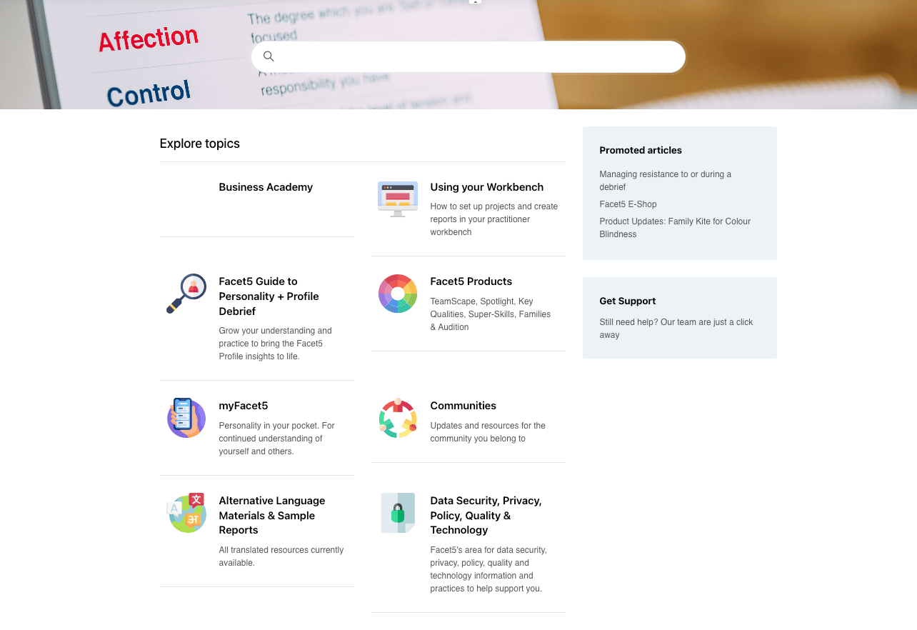Screenshot of Knowledge Hub showing Explore topics - Business Academy, Facet5 Guide to Personality + Profile Debrief, myFacet5, Alternative Language Materials & Sample Reports, etc.