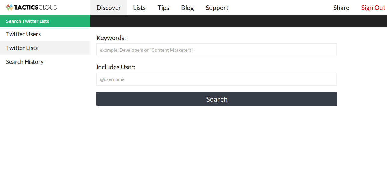 SearchTwitterLists   Tactics Cloud