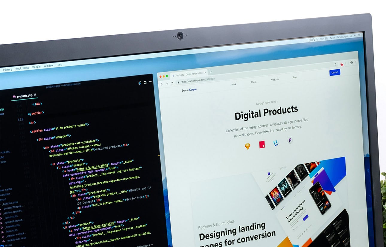 A laptop that displays a clean, modern website design with the text "Digital Products" and "Designing landing pages for conversion." This image represents professional WordPress web design and development services tailored for business growth.