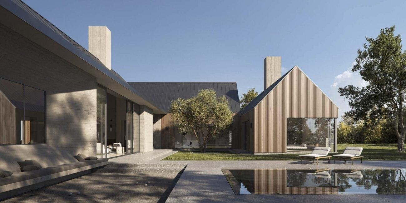 Modern residential house with wood and concrete exterior, outdoor seating, and reflecting pool.