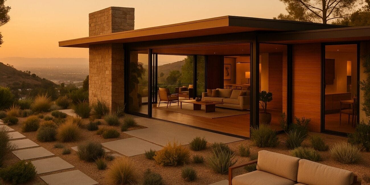 Contemporary single-story home with flat roof, large glass sliding doors, warm wooden interior, and stone chimney.