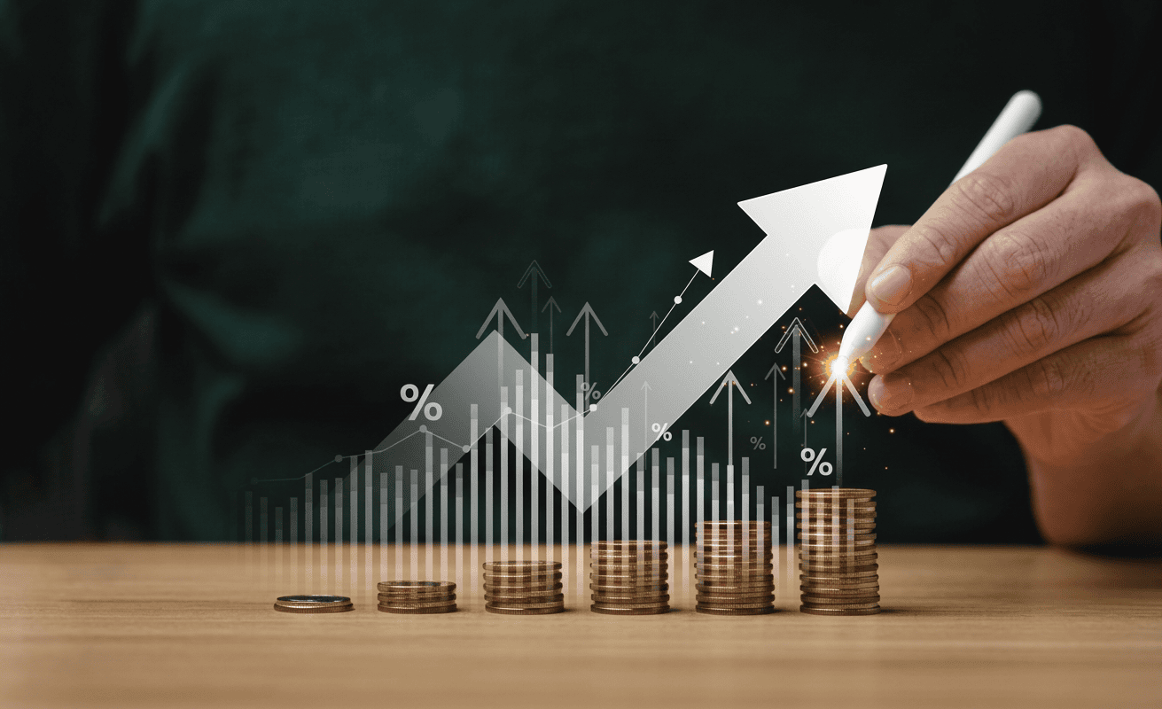 Investor analyzing a bond investment with rising interest-rate charts, percentage symbols, and stacks of coins.