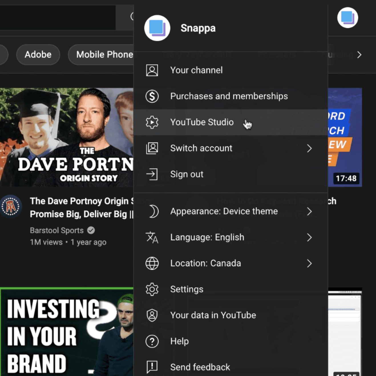 youtube studio drop down