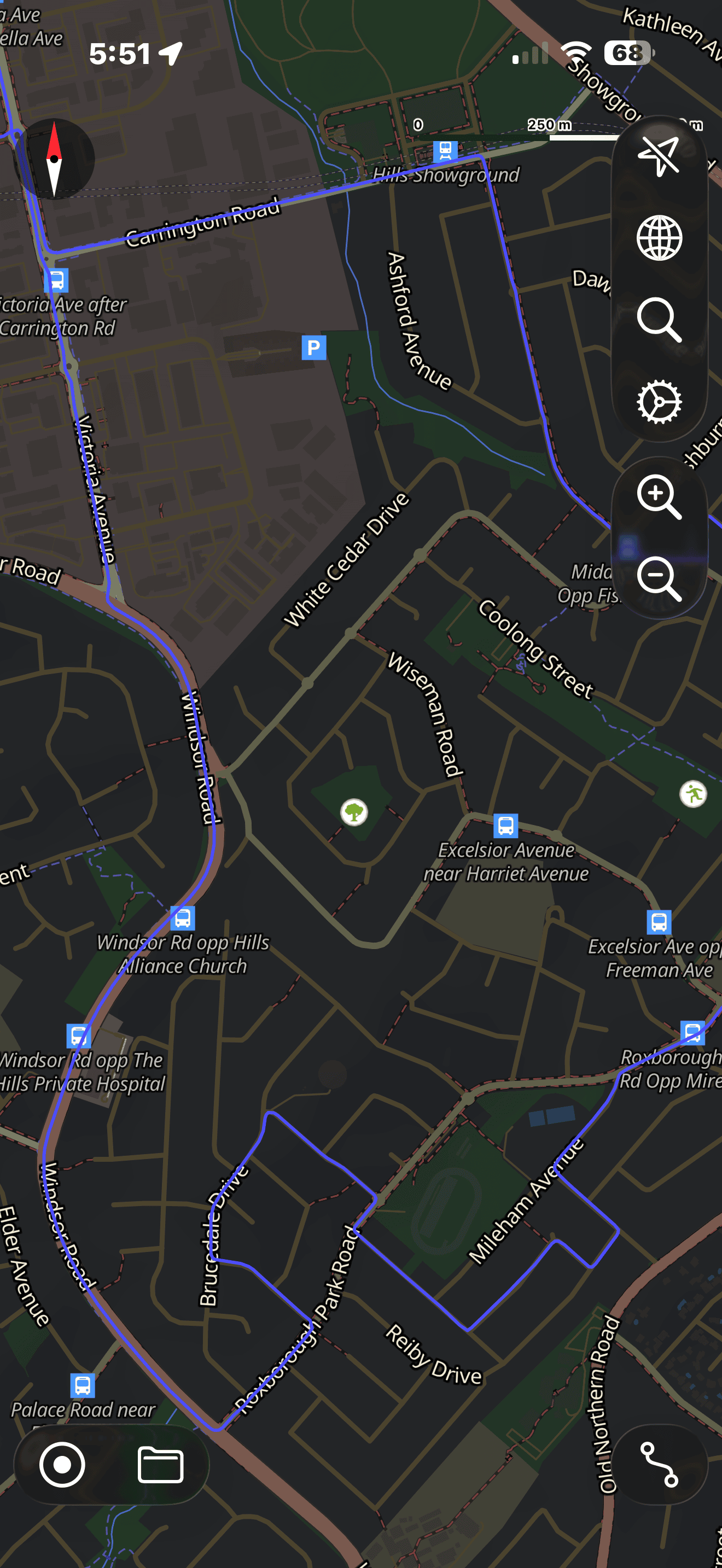 Driving test route map for Castle Hill tracking routes across Windsor Road and Carrington Road.