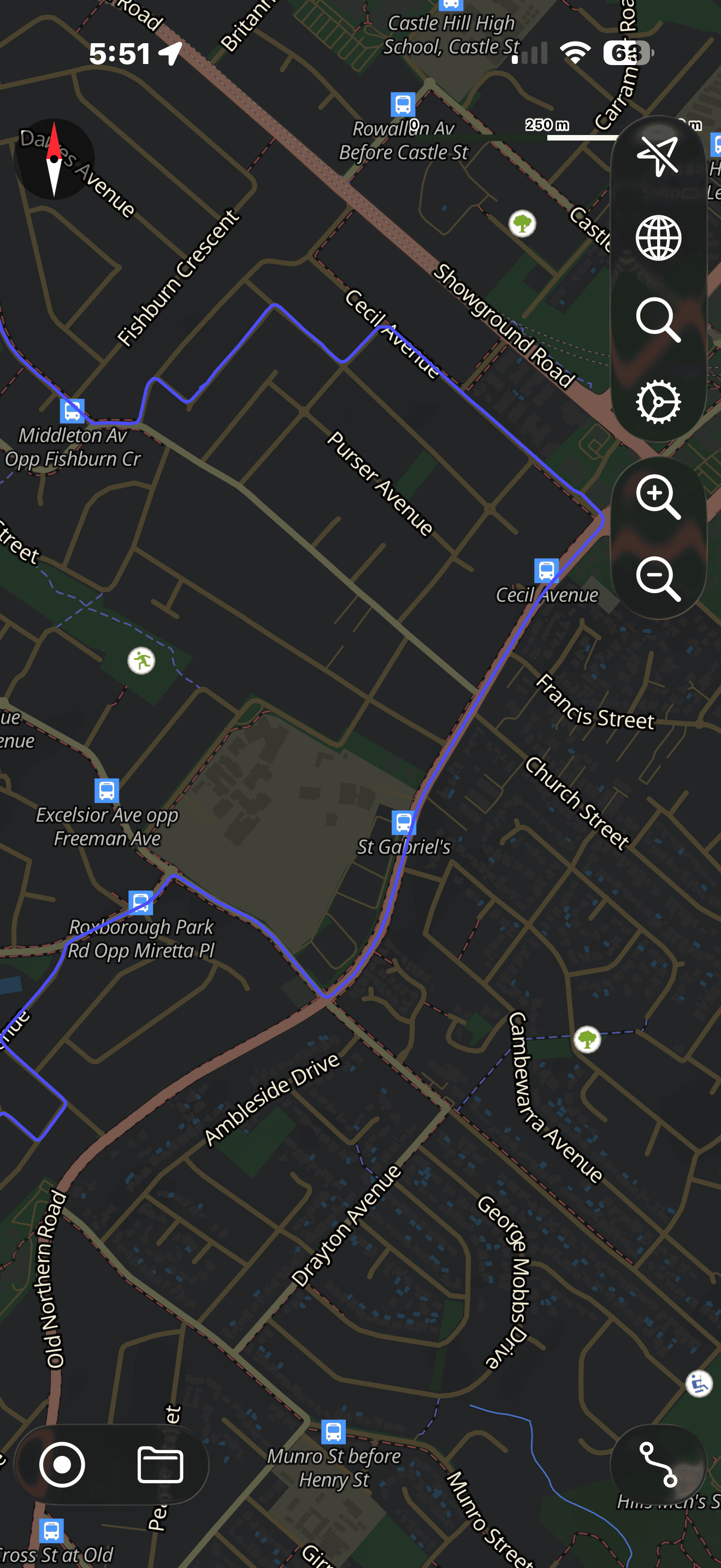 Route map showing the southern loops near Cecil Avenue and local school zones.