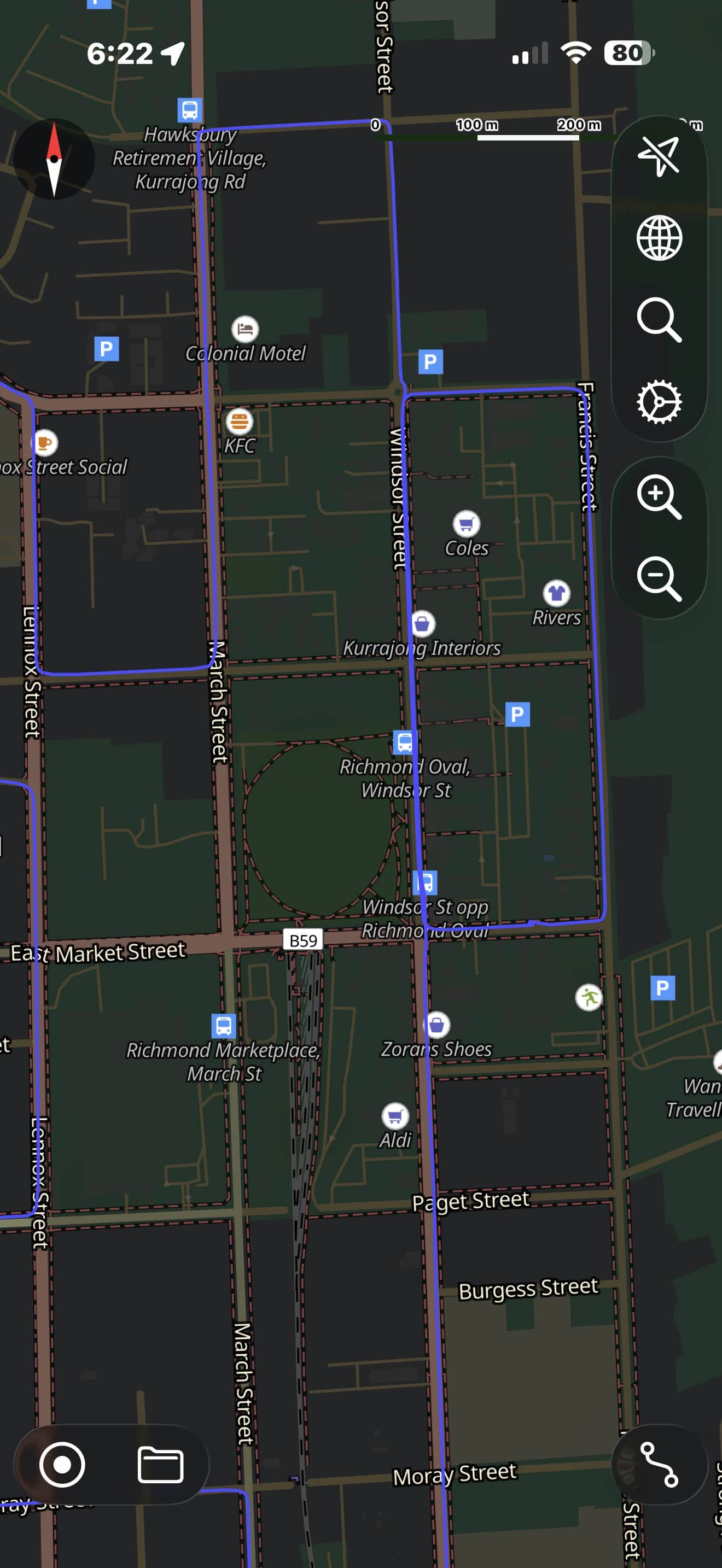 Practical driving test circuit map around Windsor Street, Chapel Street, and the Richmond Oval area.