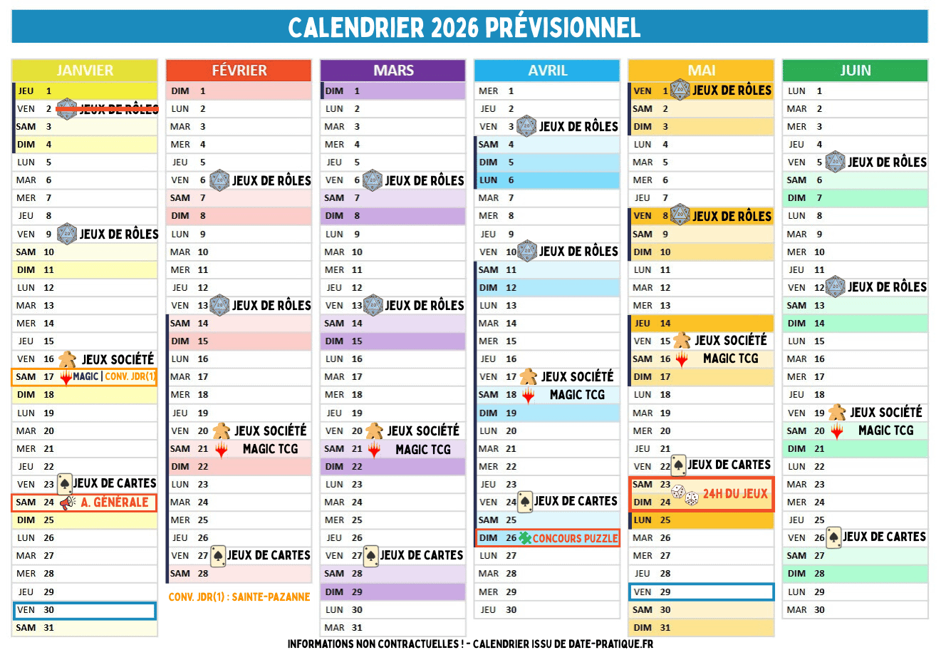 Calendrier premier semestre 2026