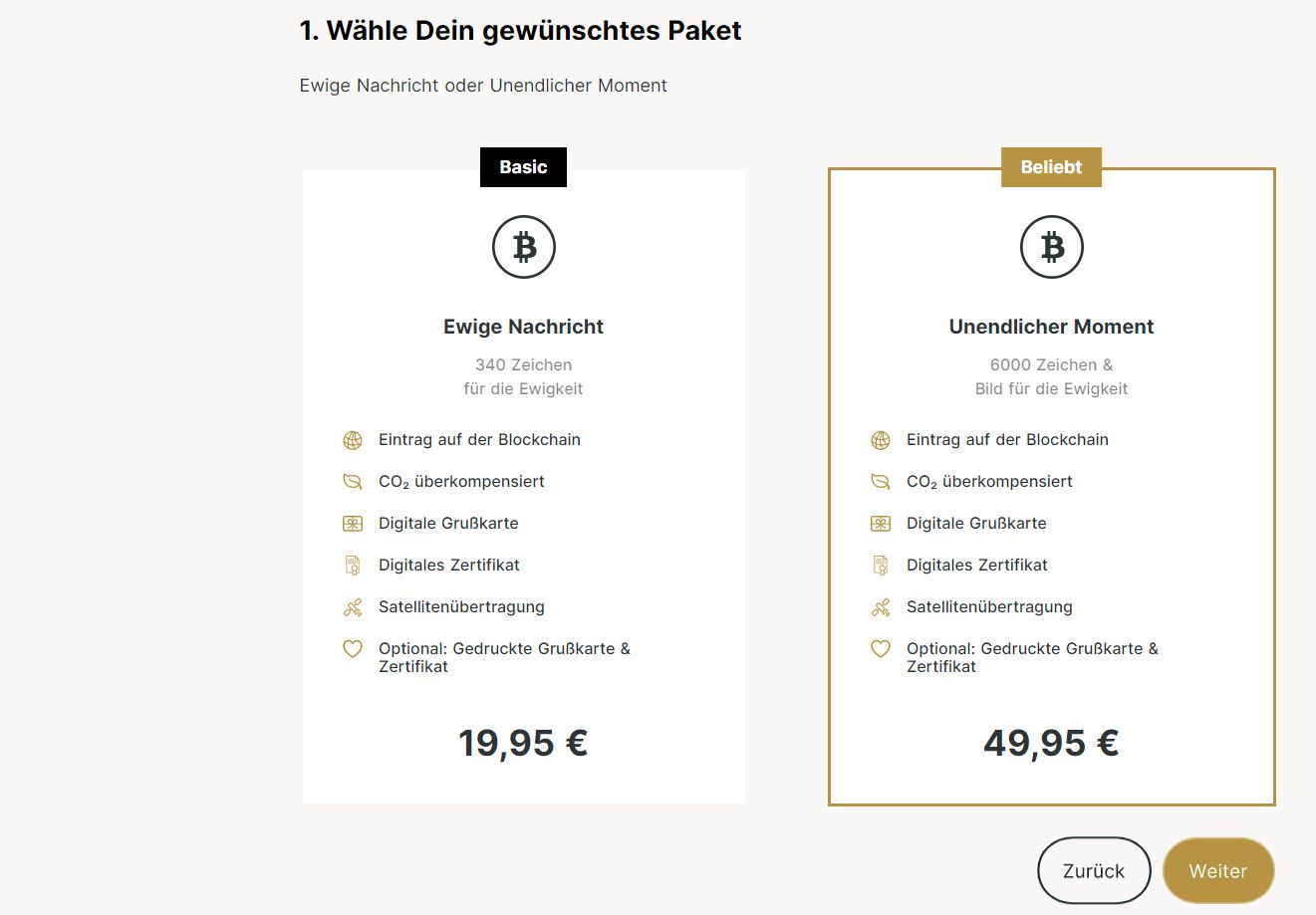 Und das kostet der ewige Spaß (Screenshot: foreverontheblockchain.com)