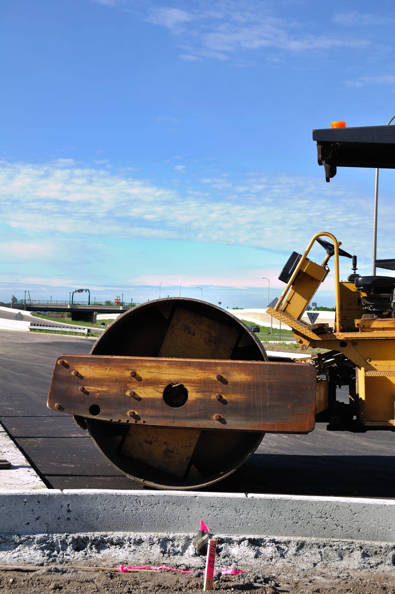 Steamroller at Road Construction Site, Copy Space, Vertical