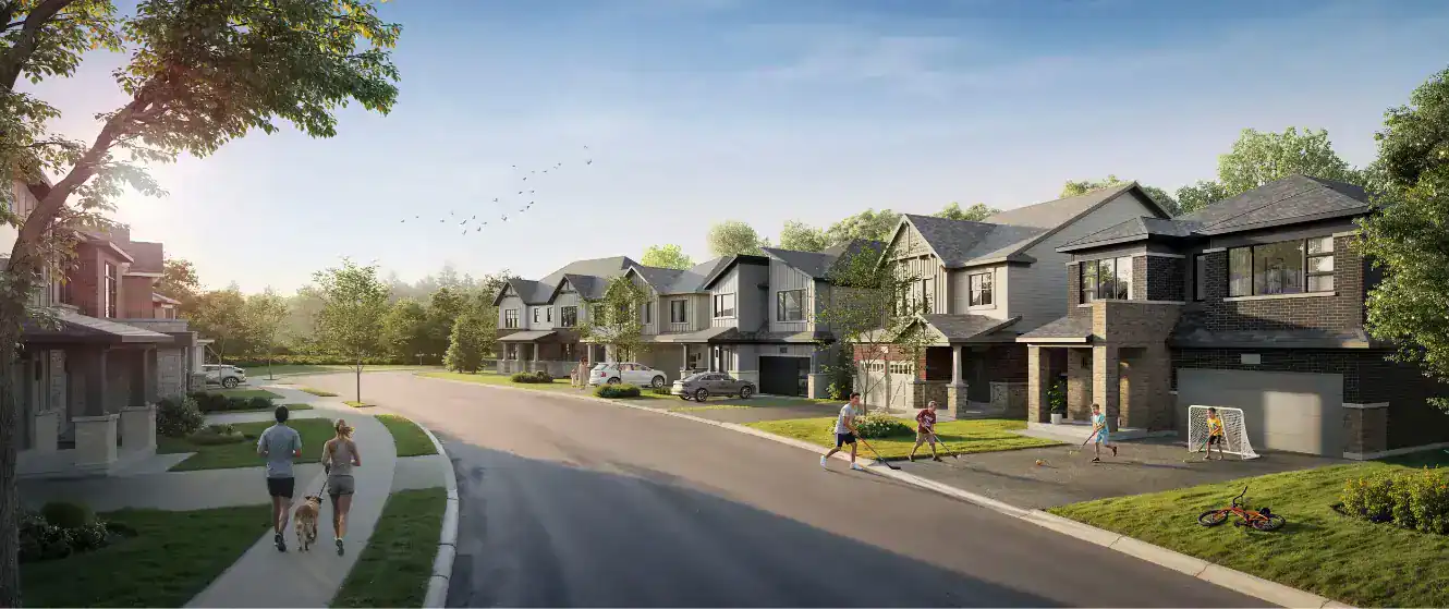 New modern detached homes at The Heights of Harmony East community. This suburban streetscape features contemporary exterior designs with brick and stone finishes, lush green landscaping, and families enjoying the walkable, pedestrian-friendly neighborhood.