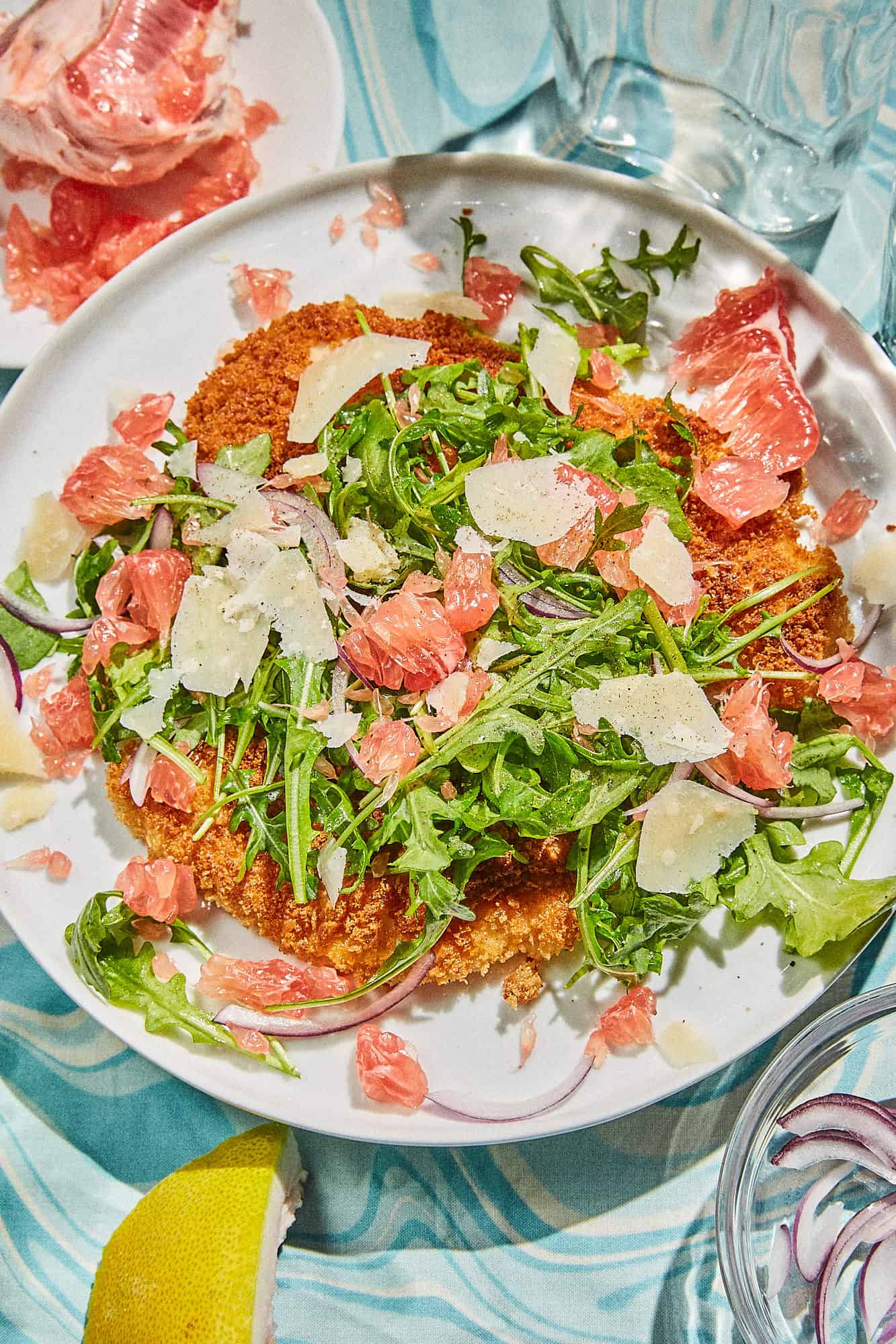 Chicken Cutlets with Arugula and Pomelo