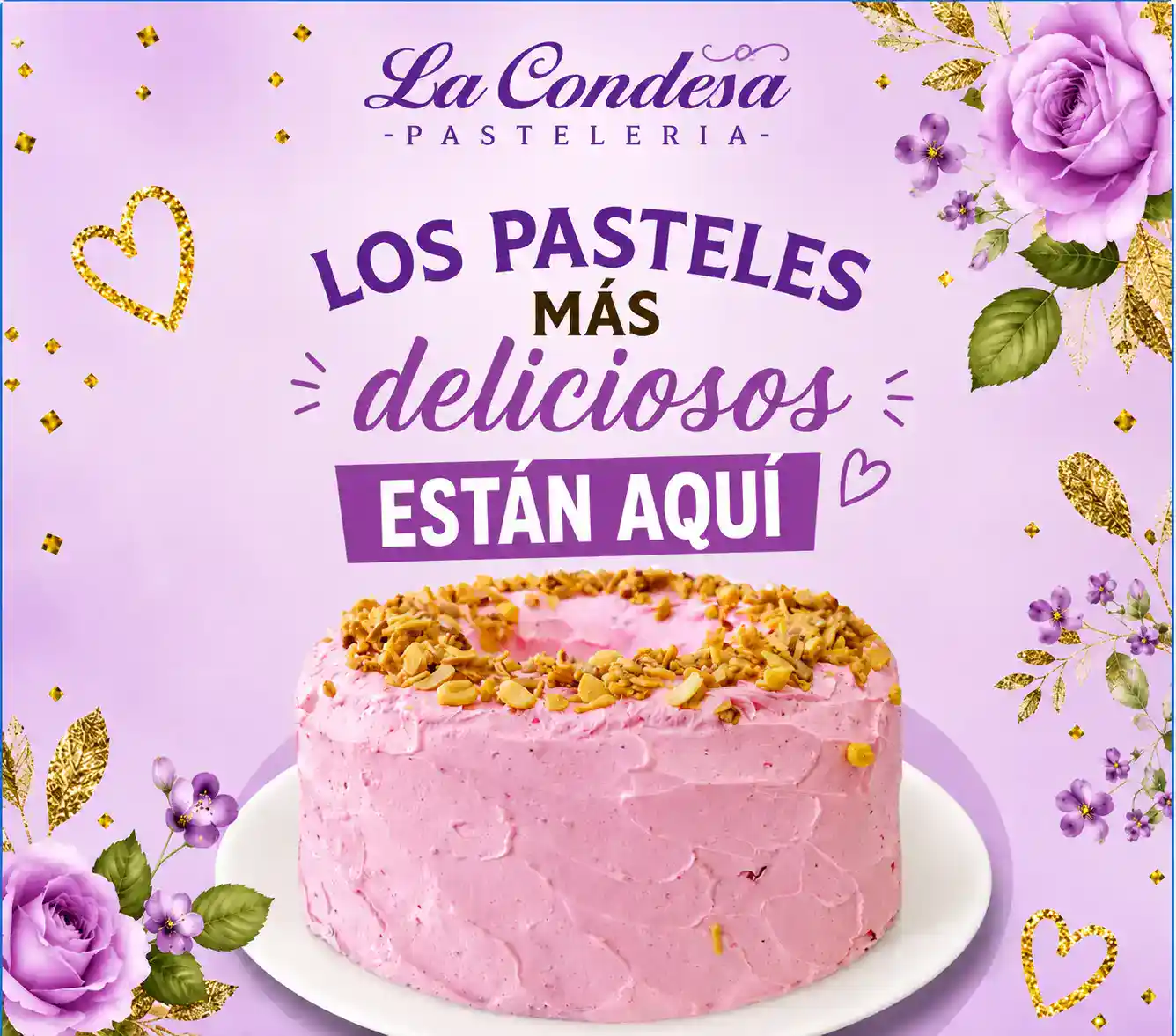 Un pastel sobre un fondo de color rosa y el texto: Los pasteles más deliciosos están aquí.