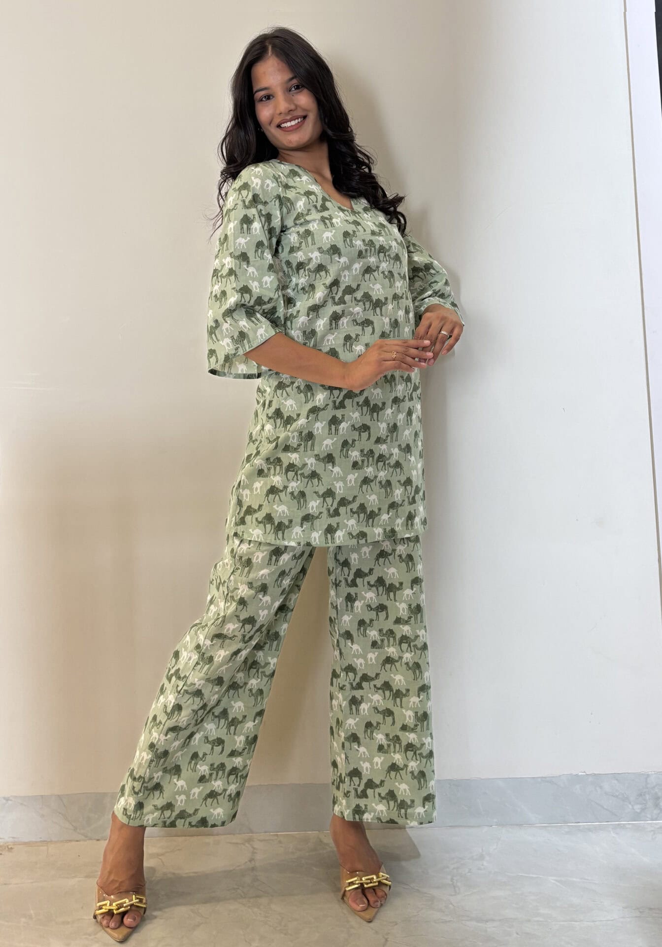 Pista Camel Printed Cotton Co-Ord Set