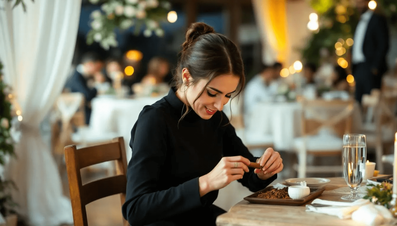 A female cigar roller is skillfully crafting medium-bodied cigars at a wedding, surrounded by guests enjoying the celebration. The cigar bar features a variety of selections, enhancing the special day with balanced flavors and quality cigars, perfect for both smokers and non-smokers alike for best cigars for weddings.