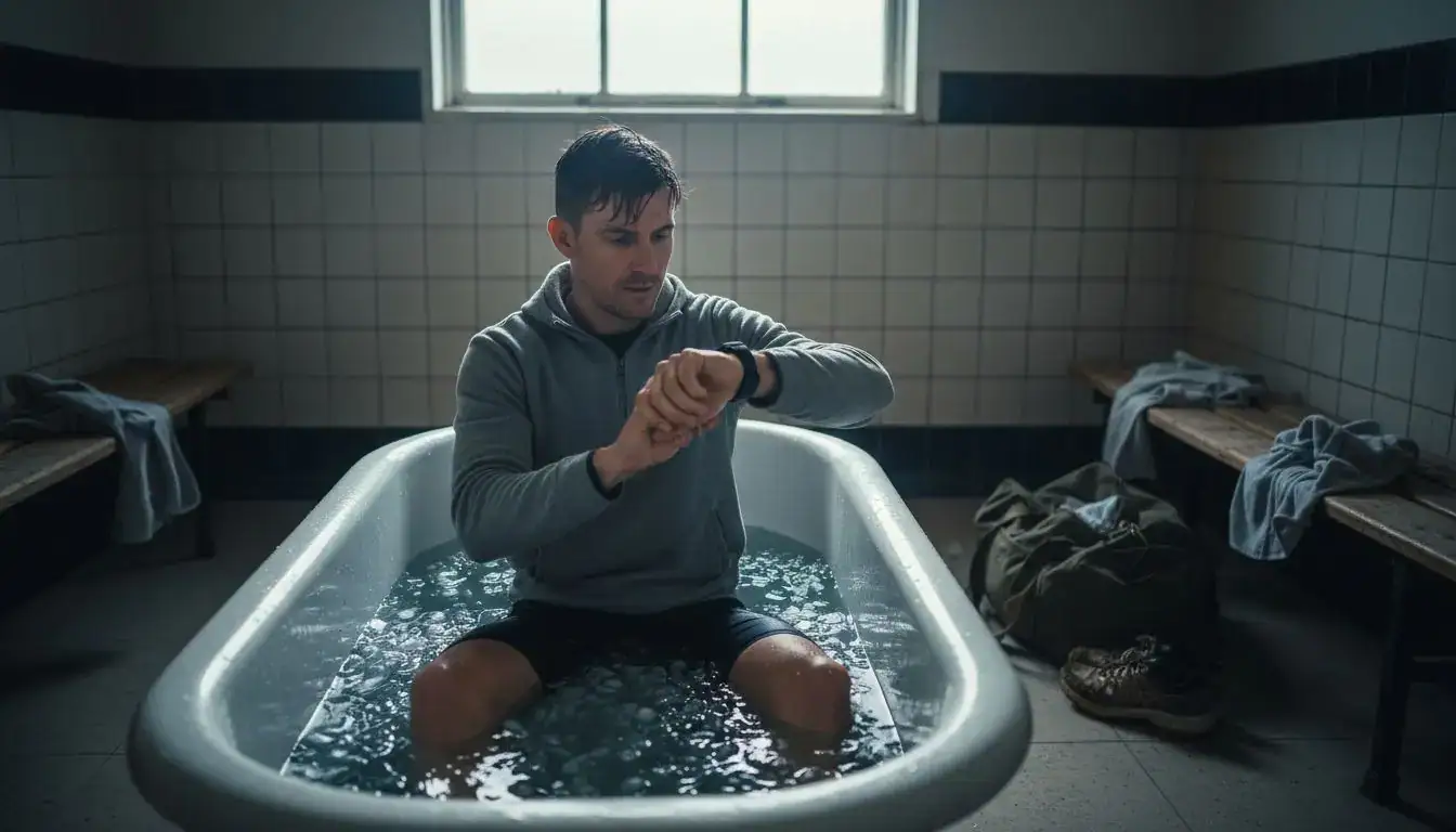 Athlete in ice bath recovering muscles