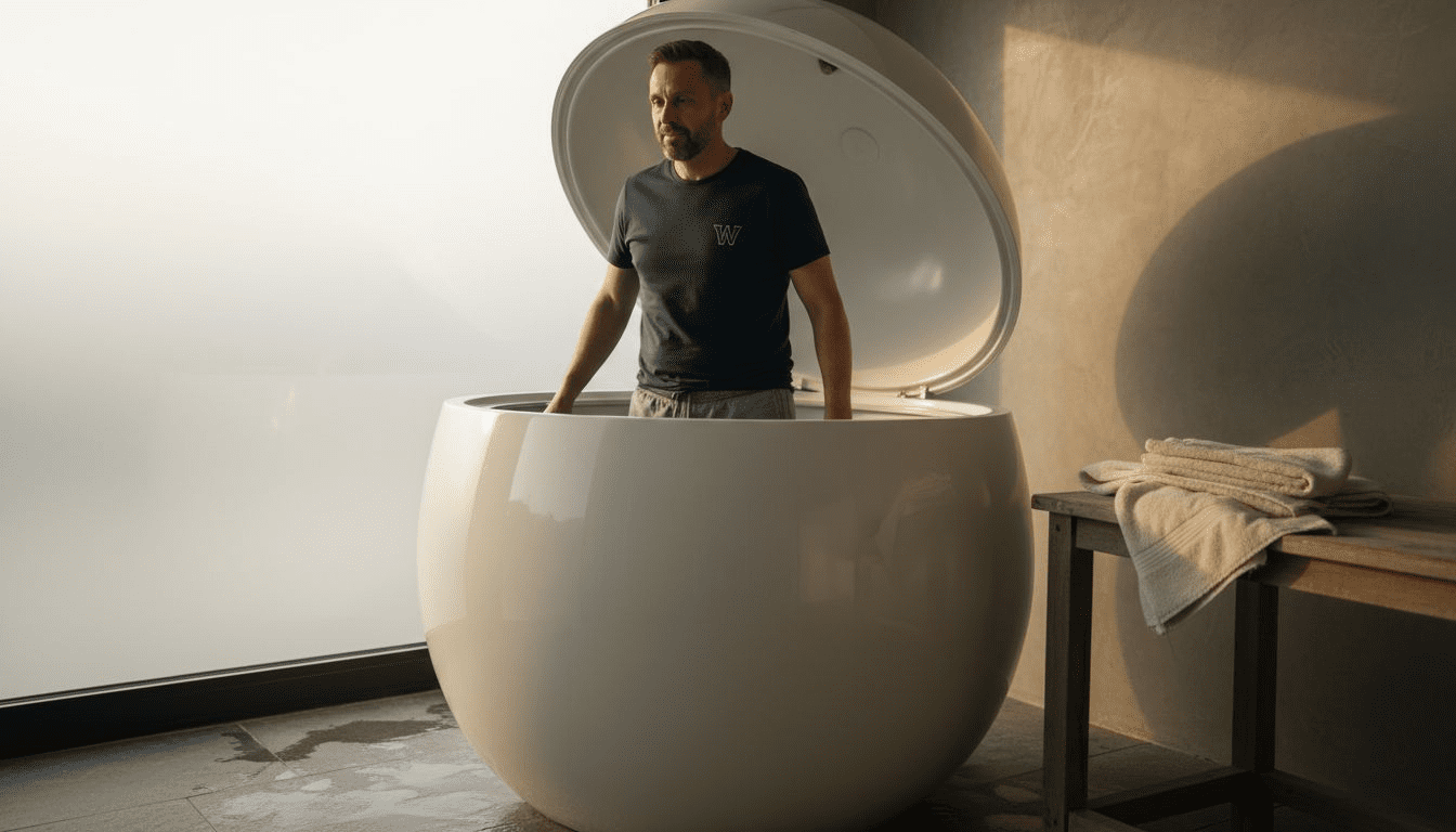 Man leaving sensory deprivation pod