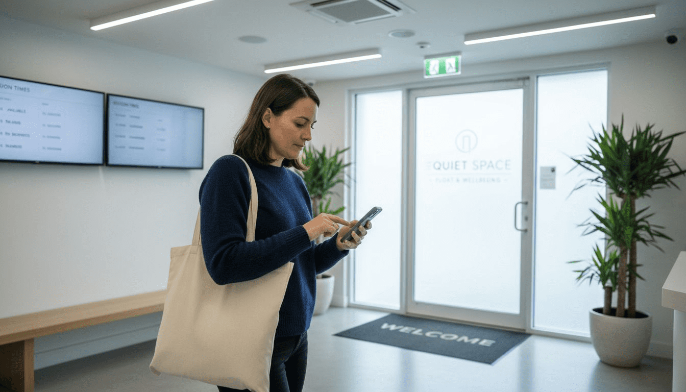 Woman arrives at float therapy center lobby