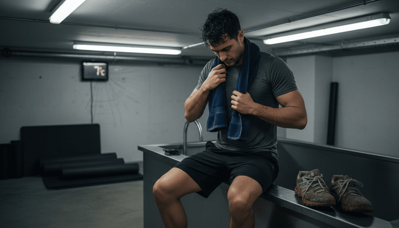Athlete after cold plunge session in gym