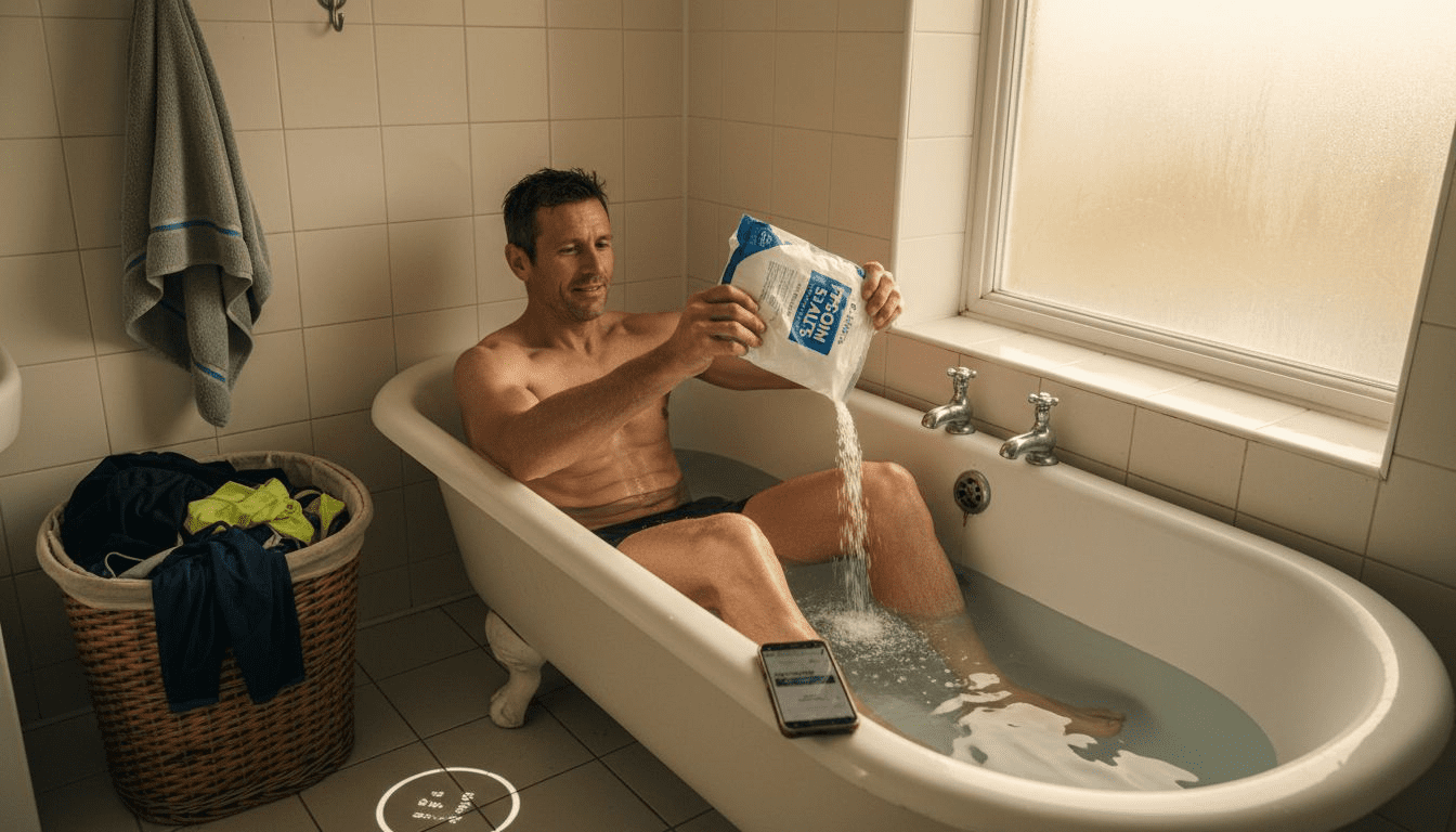 Athlete preparing Epsom salt bath at home