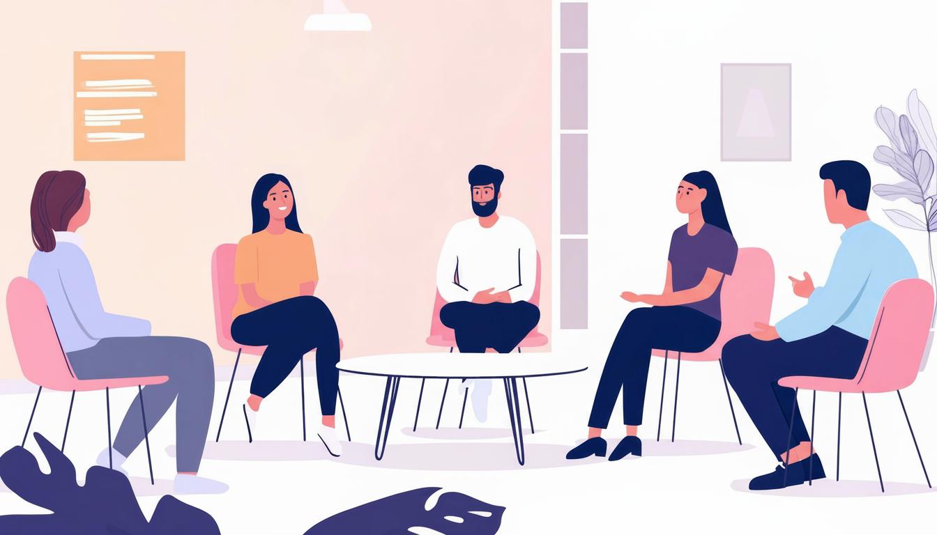 Racially ambiguous cartoon characters sitting in a circle engaging in group therapy.