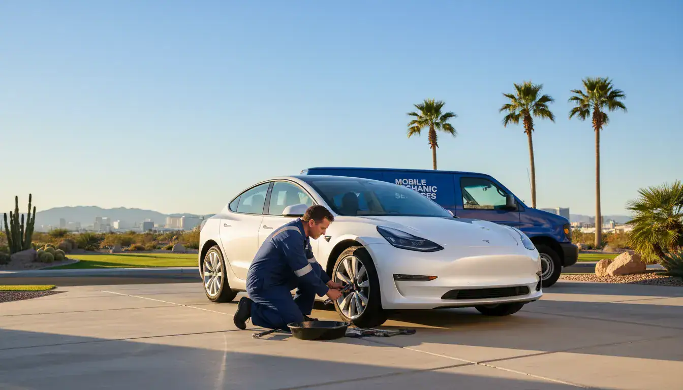 Mobile car mechanic performing maintenance on a vehicle in a sunny Las Vegas driveway