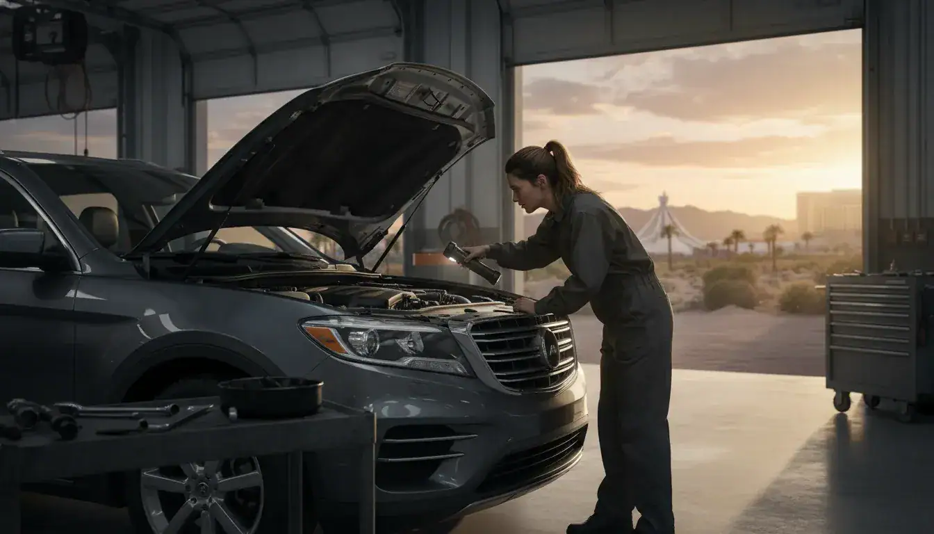 Pre road trip car inspection in Las Vegas — mechanic checking under the hood before a desert highway drive