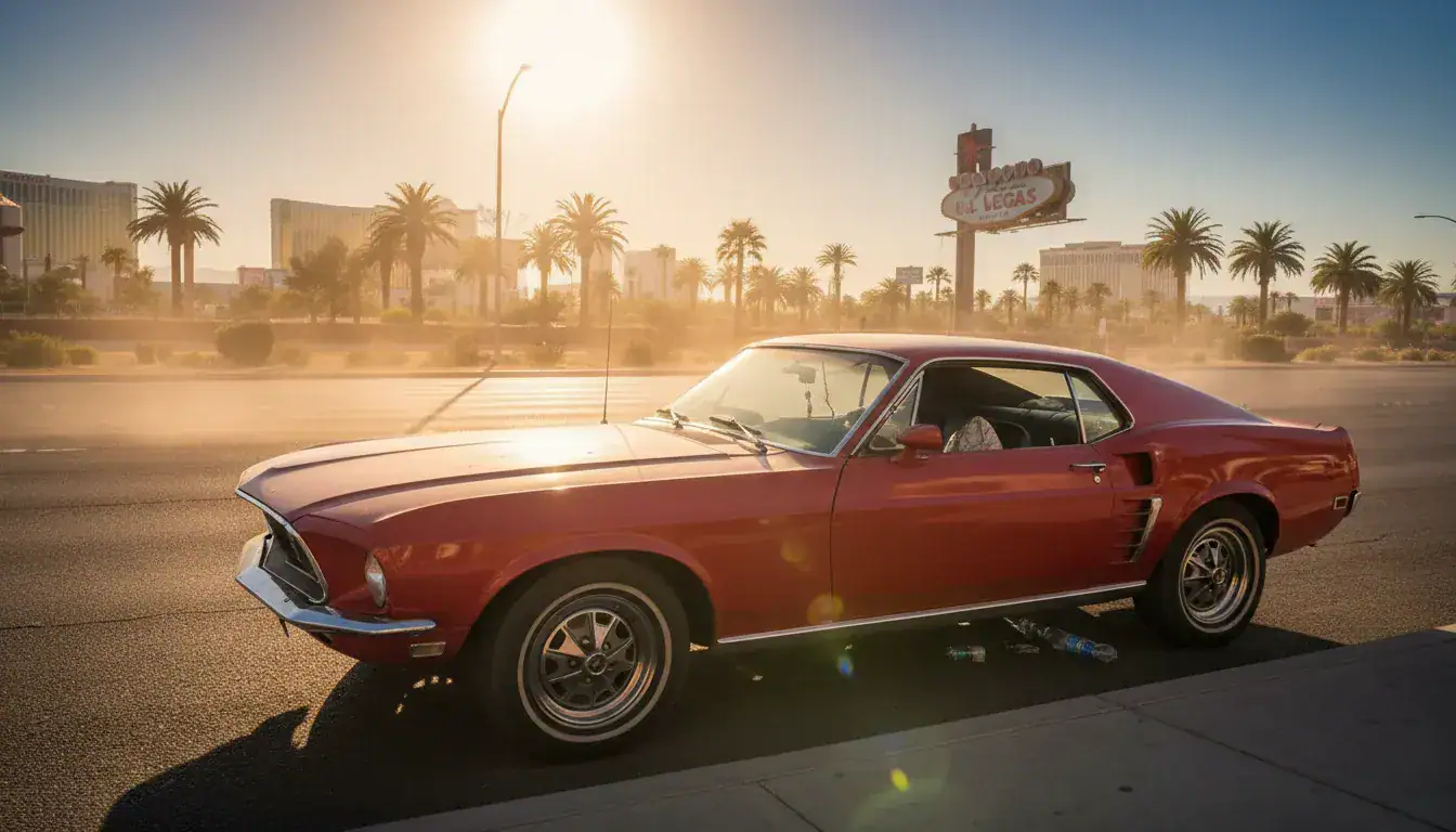 Car parked in Las Vegas summer heat with desert sun and heat shimmer rising from the asphalt