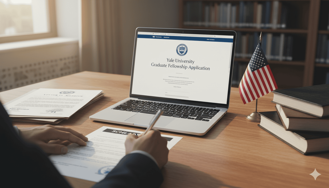 Open laptop showing Yale University website on a study desk with scholarship documents, books, and a U.S. flag, symbolizing fully funded scholarships for graduate students 2026.