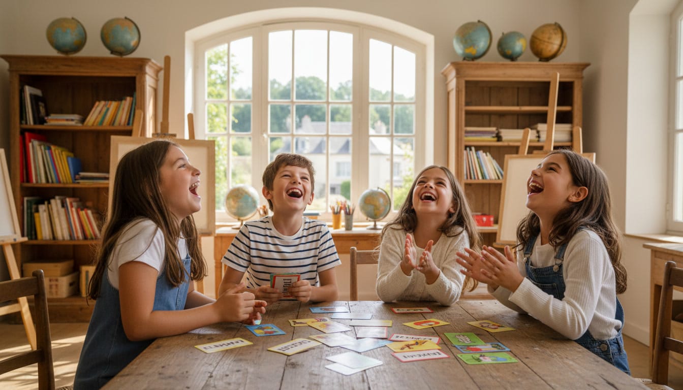 Enfants pendant un cours d'anglais ludique