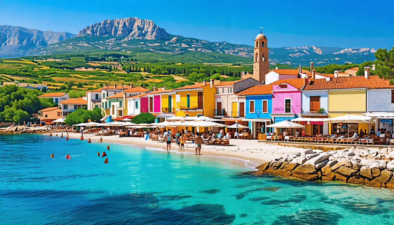 Create an enchanting landscape of Sardinia, showcasing its stunning beaches, rugged mountains, and vibrant cultural scenes. Include a picturesque coastline