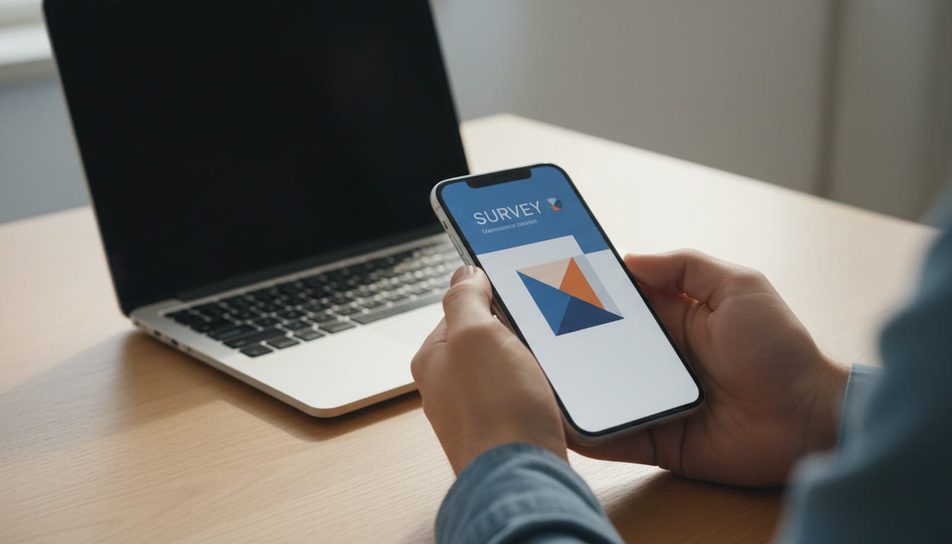 Mains tenant un smartphone affichant une interface de sondage minimaliste sur un bureau — illustration Gaddin et sondages rémunérés